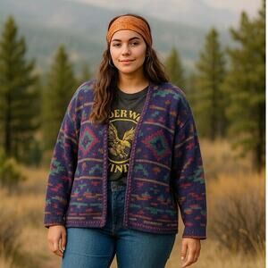 Vintage ALPS Southwestern Cotton Cardigan Sweater XL USA Aztec Knit Boho purple